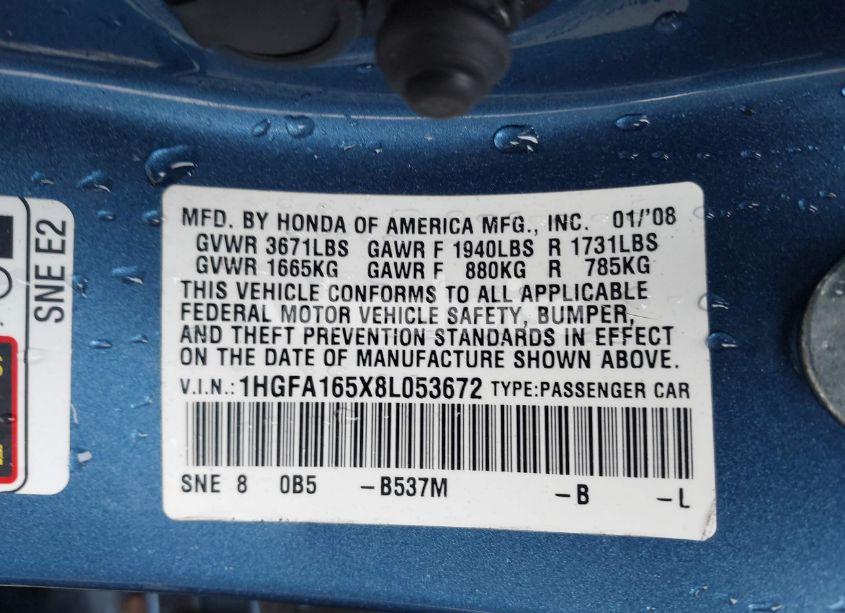 Photo 9 of 2008 Honda Civic LX (VIN 1HGFA165X8L053672)