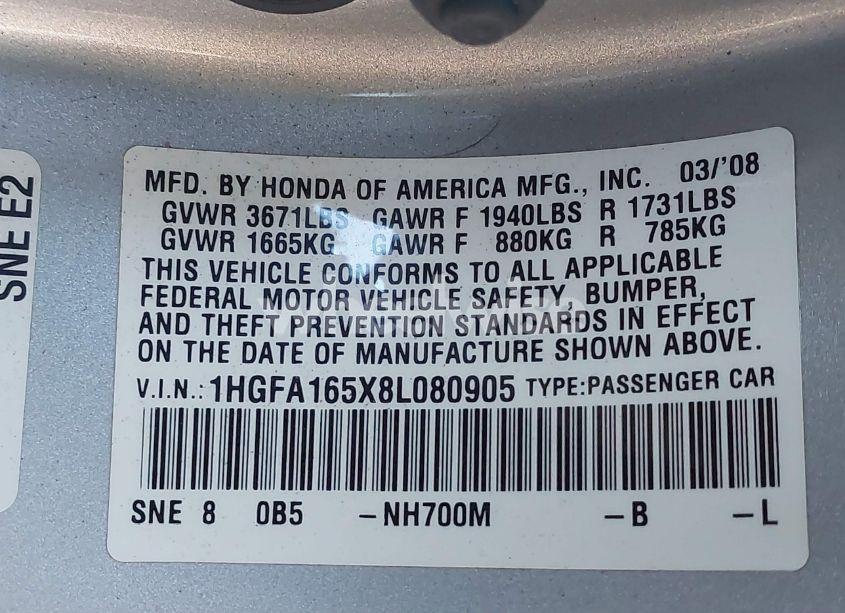 Photo 9 of 2008 Honda Civic LX (VIN 1HGFA165X8L080905)