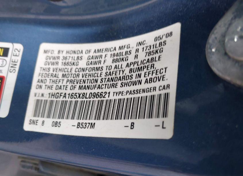 Photo 9 of 2008 Honda Civic LX (VIN 1HGFA165X8L096621)