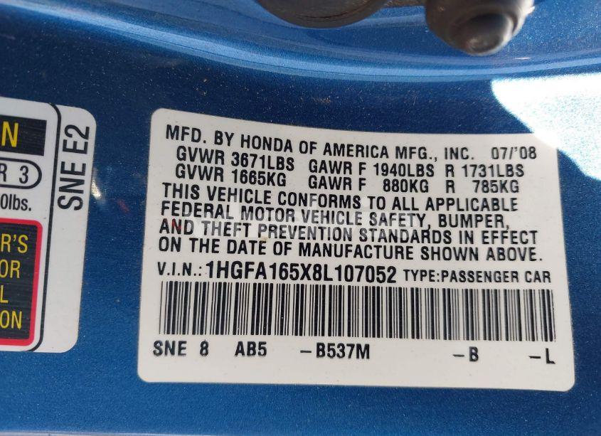 Photo 9 of 2008 Honda Civic LX (VIN 1HGFA165X8L107052)
