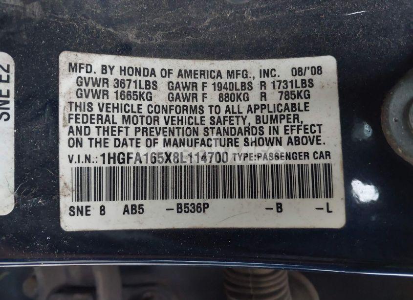 Photo 9 of 2008 Honda Civic LX (VIN 1HGFA165X8L114700)