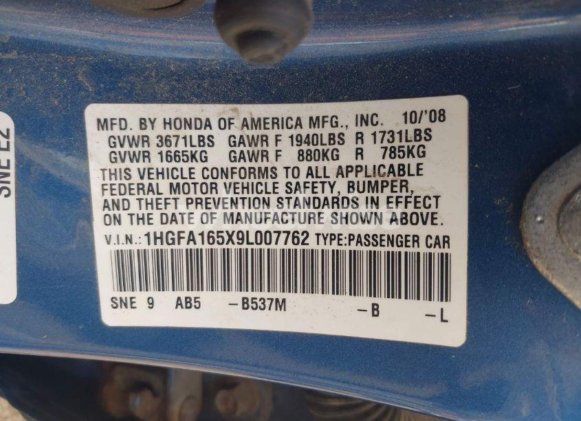 Photo 9 of 2009 Honda Civic LX (VIN 1HGFA165X9L007762)