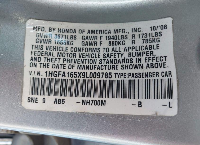 Photo 9 of 2009 Honda Civic LX (VIN 1HGFA165X9L009785)