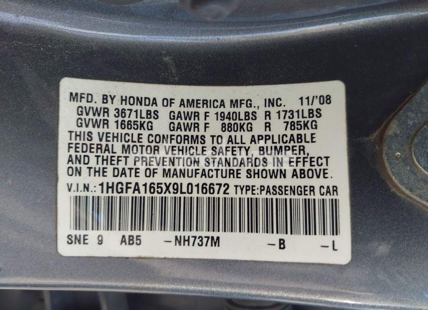 Photo 9 of 2009 Honda Civic LX (VIN 1HGFA165X9L016672)