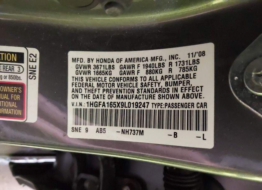 Photo 9 of 2009 Honda Civic LX (VIN 1HGFA165X9L019247)