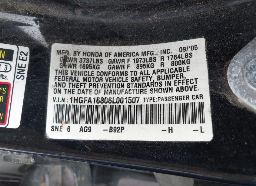 Photo 9 of 2006 Honda Civic EX (VIN 1HGFA16806L001507)