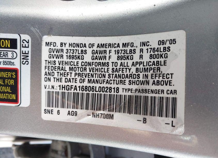 Photo 9 of 2006 Honda Civic EX (VIN 1HGFA16806L002818)