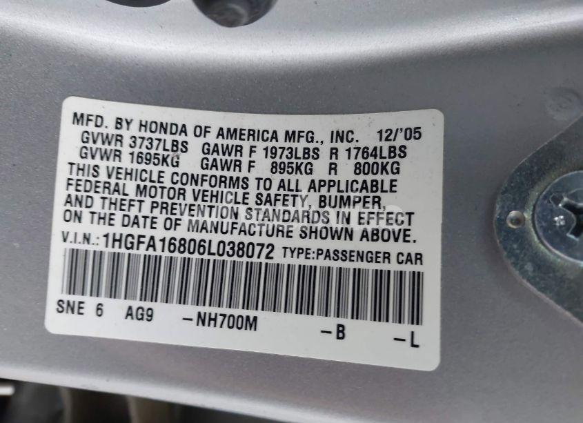 Photo 9 of 2006 Honda Civic EX (VIN 1HGFA16806L038072)