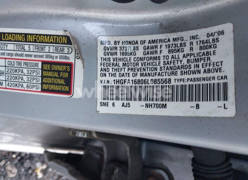 Photo 9 of 2006 Honda Civic EX (VIN 1HGFA16806L085568)