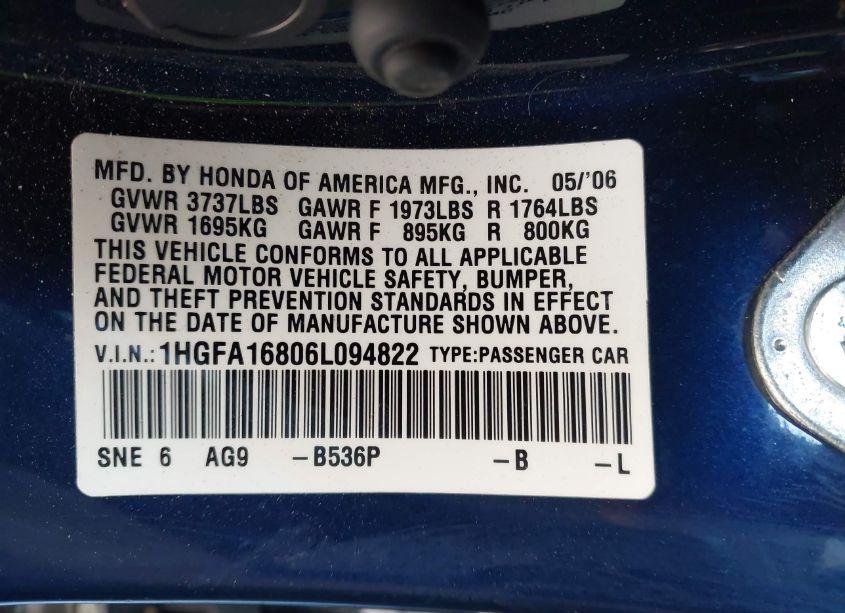 Photo 9 of 2006 Honda Civic EX (VIN 1HGFA16806L094822)