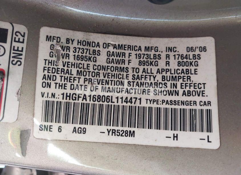 Photo 9 of 2006 Honda Civic EX (VIN 1HGFA16806L114471)
