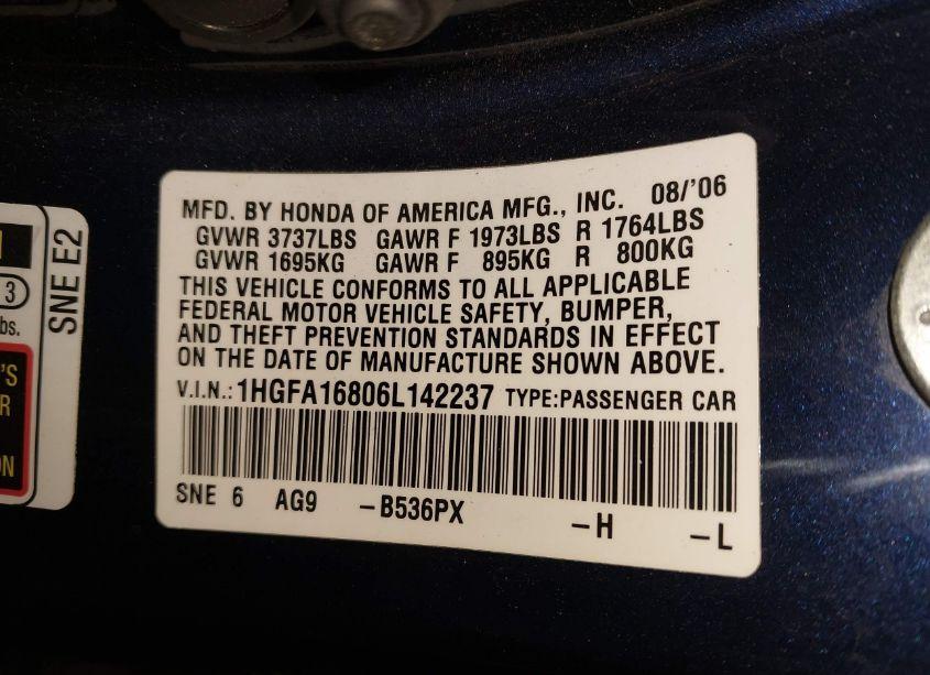 Photo 9 of 2006 Honda Civic EX (VIN 1HGFA16806L142237)