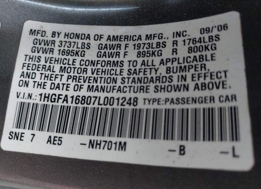 Photo 9 of 2007 Honda Civic EX (VIN 1HGFA16807L001248)