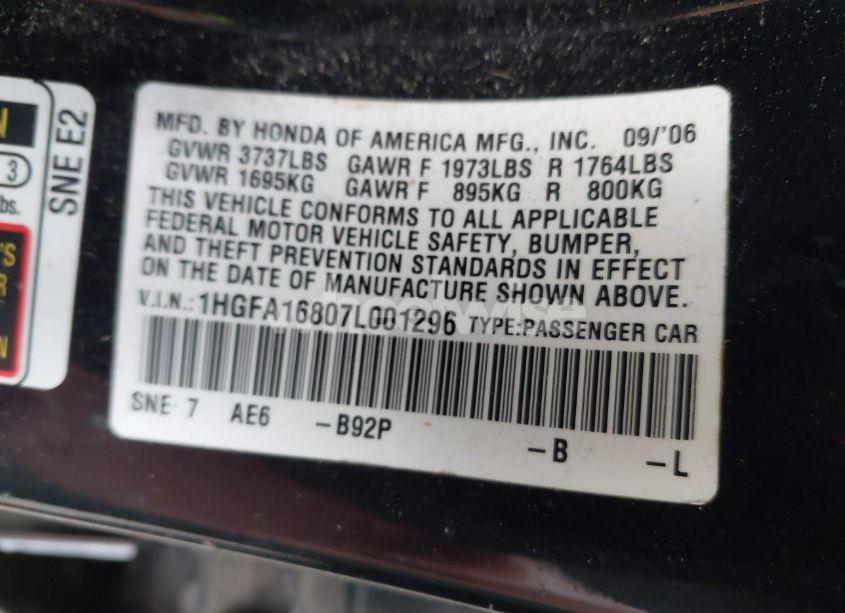 Photo 9 of 2007 Honda Civic EX (VIN 1HGFA16807L001296)