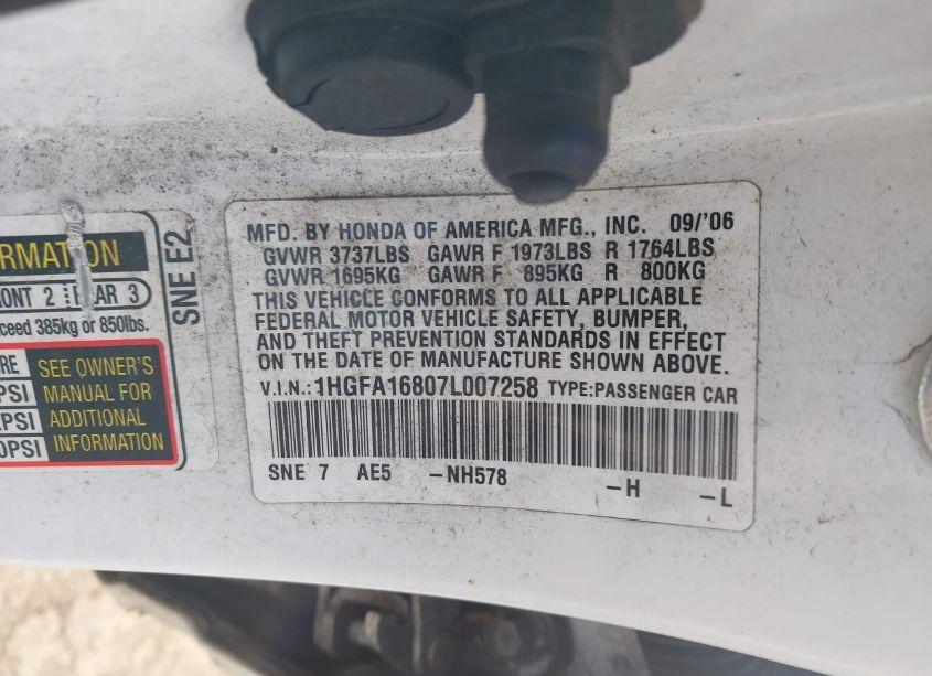 Photo 9 of 2007 Honda Civic EX (VIN 1HGFA16807L007258)