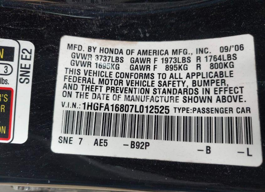 Photo 9 of 2007 Honda Civic EX (VIN 1HGFA16807L012525)