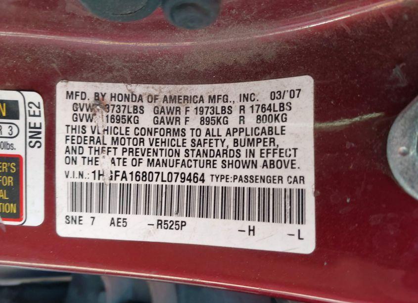 Photo 9 of 2007 Honda Civic EX (VIN 1HGFA16807L079464)