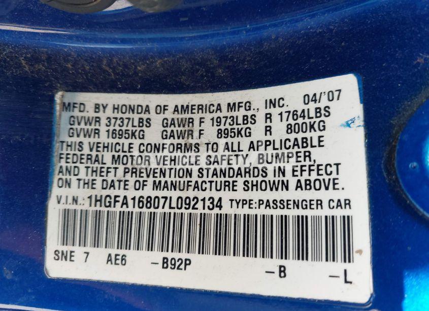Photo 9 of 2007 Honda Civic EX (VIN 1HGFA16807L092134)