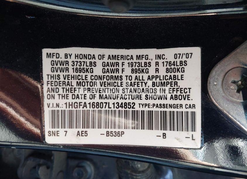 Photo 9 of 2007 Honda Civic EX (VIN 1HGFA16807L134852)