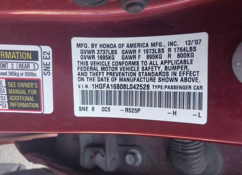 Photo 9 of 2008 Honda Civic EX (VIN 1HGFA16808L042528)