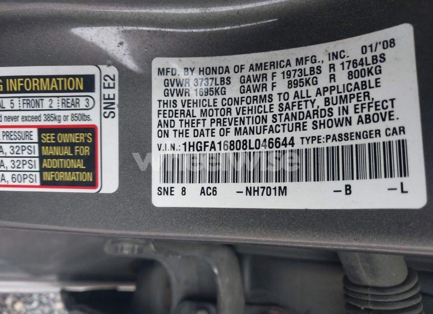 Photo 9 of 2008 Honda Civic EX (VIN 1HGFA16808L046644)
