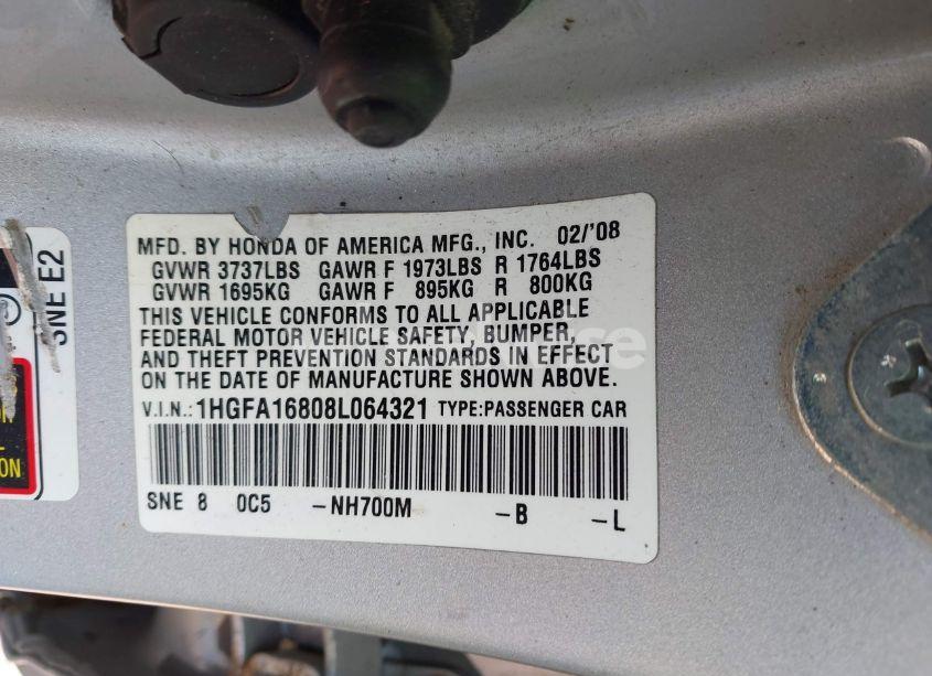 Photo 9 of 2008 Honda Civic EX (VIN 1HGFA16808L064321)