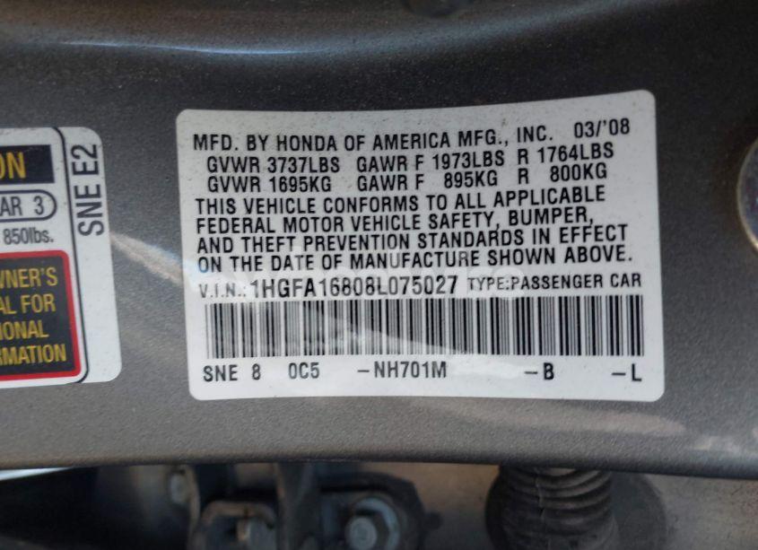 Photo 9 of 2008 Honda Civic EX (VIN 1HGFA16808L075027)