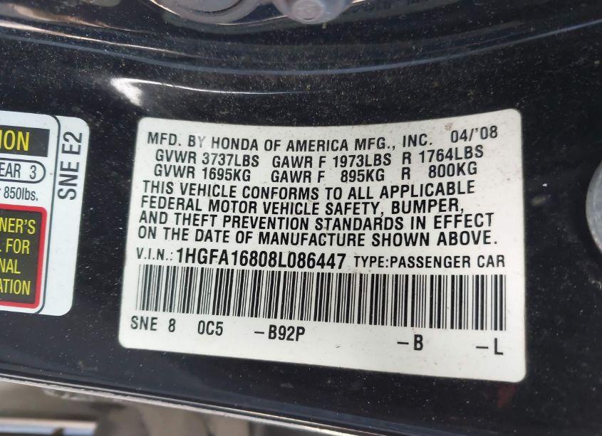 Photo 9 of 2008 Honda Civic EX (VIN 1HGFA16808L086447)