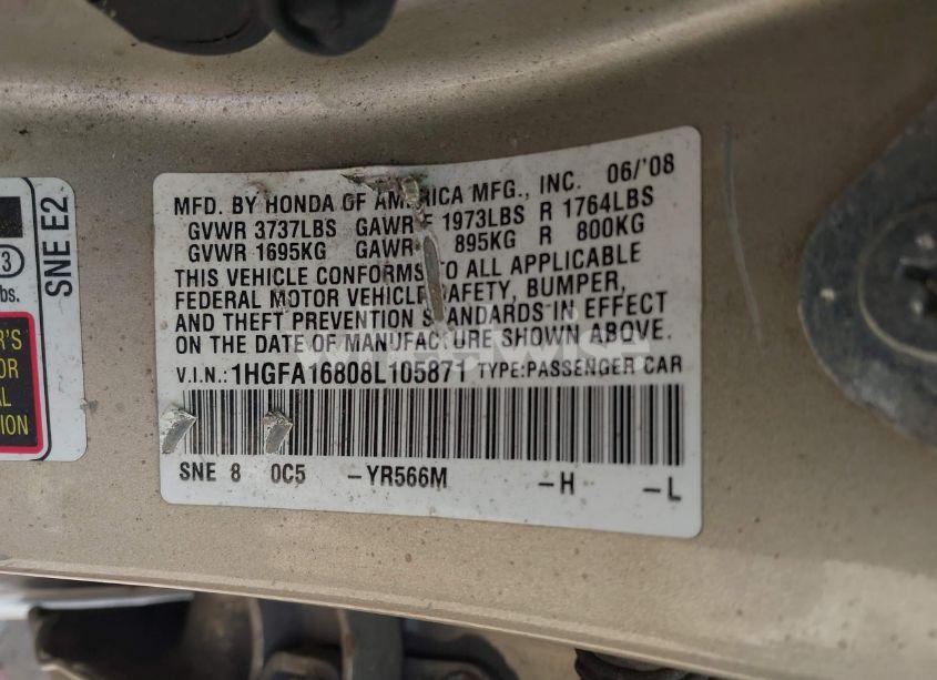 Photo 9 of 2008 Honda Civic EX (VIN 1HGFA16808L105871)