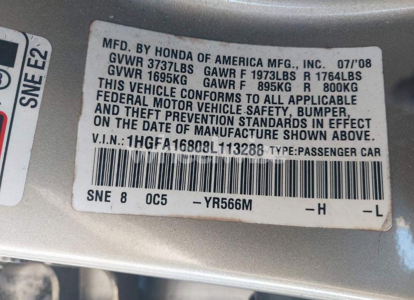 Photo 9 of 2008 Honda Civic EX (VIN 1HGFA16808L113288)
