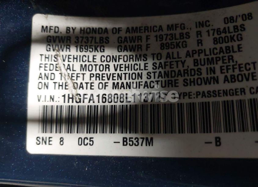 Photo 9 of 2008 Honda Civic EX (VIN 1HGFA16808L113727)