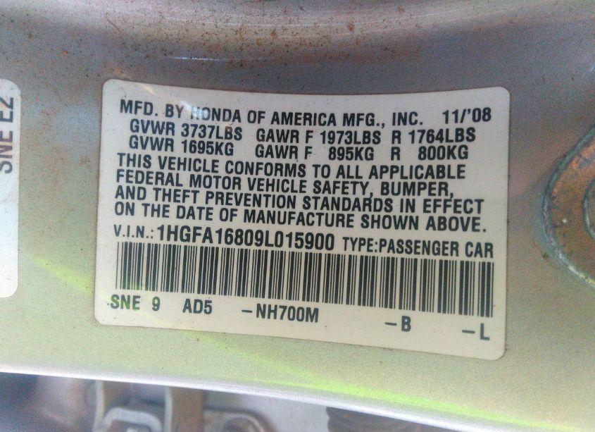 Photo 9 of 2009 Honda Civic EX (VIN 1HGFA16809L015900)