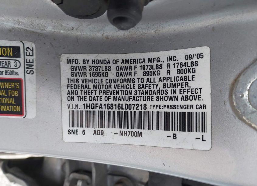 Photo 9 of 2006 Honda Civic EX (VIN 1HGFA16816L007218)