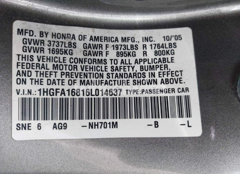 Photo 9 of 2006 Honda Civic EX (VIN 1HGFA16816L014637)