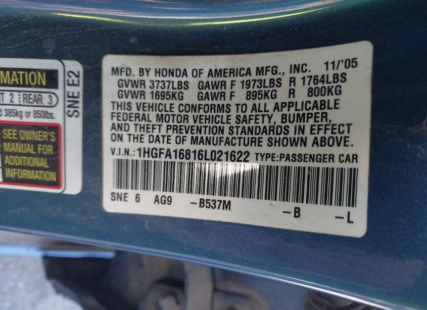 Photo 9 of 2006 Honda Civic EX (VIN 1HGFA16816L021622)