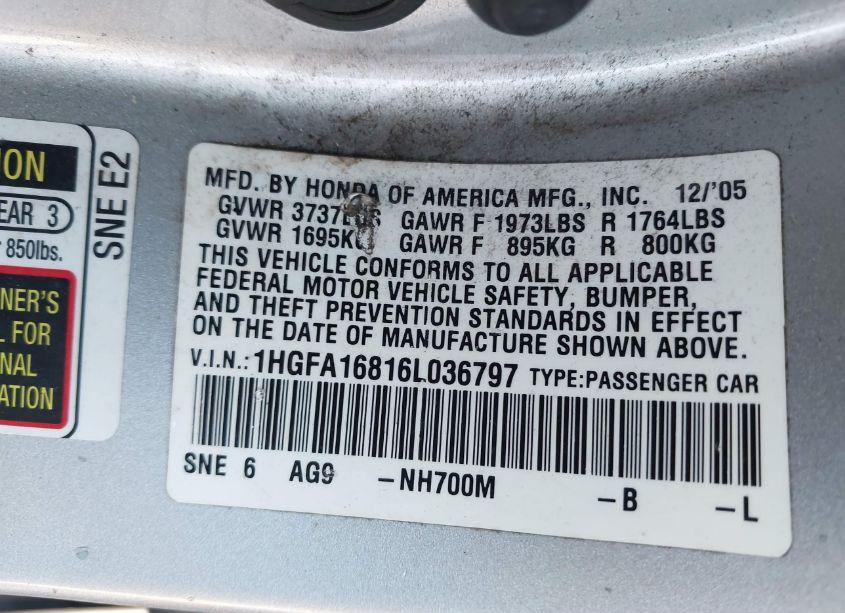 Photo 9 of 2006 Honda Civic EX (VIN 1HGFA16816L036797)