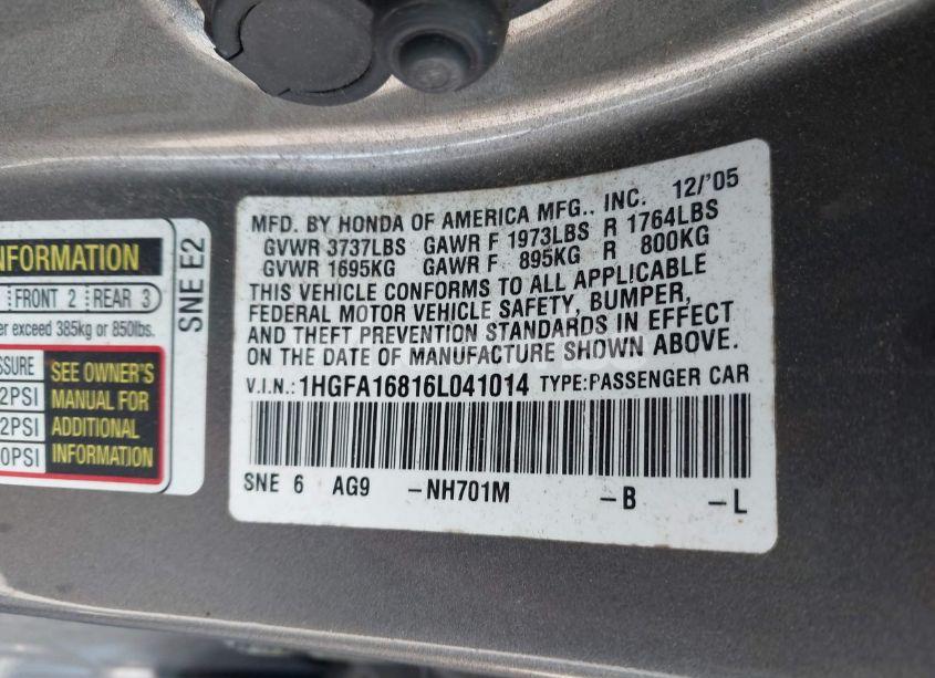 Photo 9 of 2006 Honda Civic EX (VIN 1HGFA16816L041014)