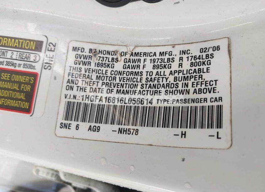 Photo 9 of 2006 Honda Civic EX (VIN 1HGFA16816L056614)