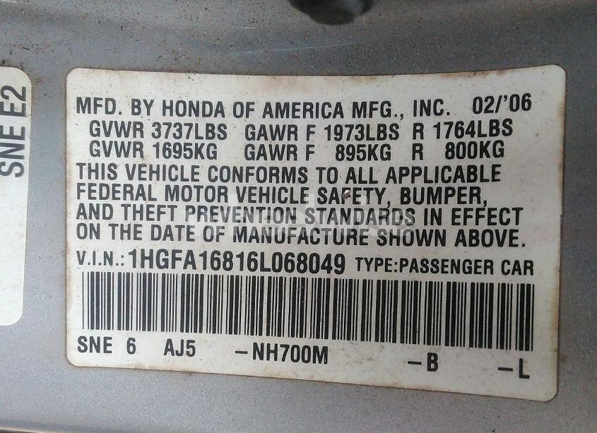Photo 9 of 2006 Honda Civic EX (VIN 1HGFA16816L068049)