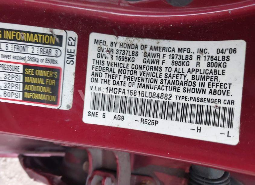 Photo 9 of 2006 Honda Civic EX (VIN 1HGFA16816L084882)