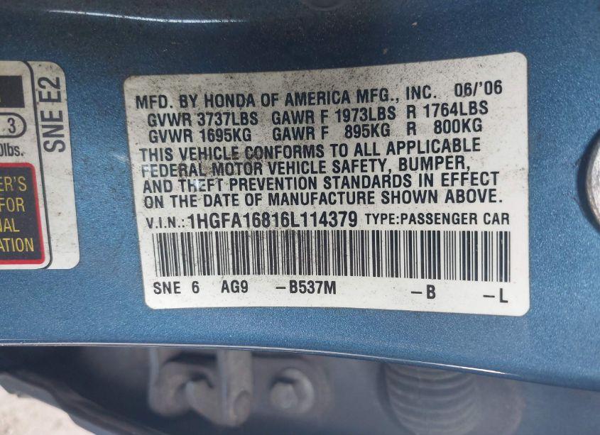 Photo 9 of 2006 Honda Civic EX (VIN 1HGFA16816L114379)