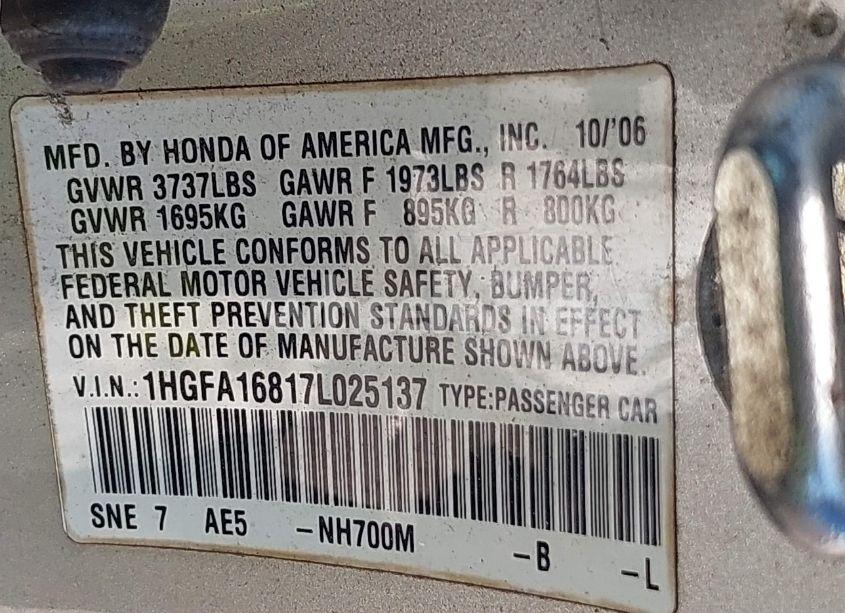 Photo 9 of 2007 Honda Civic EX (VIN 1HGFA16817L025137)