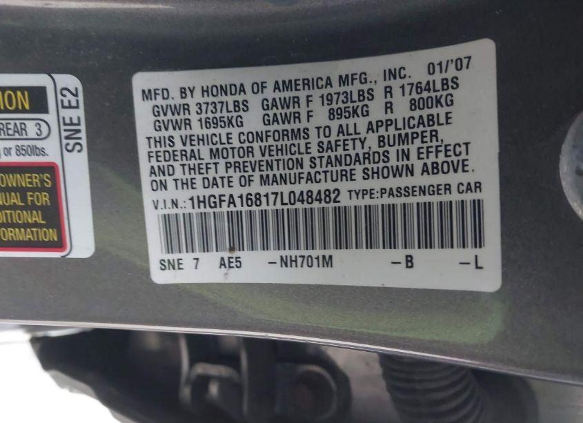 Photo 9 of 2007 Honda Civic EX (VIN 1HGFA16817L048482)