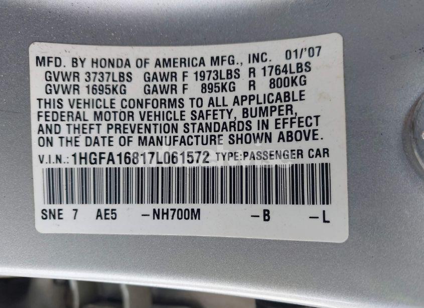 Photo 9 of 2007 Honda Civic EX (VIN 1HGFA16817L061572)