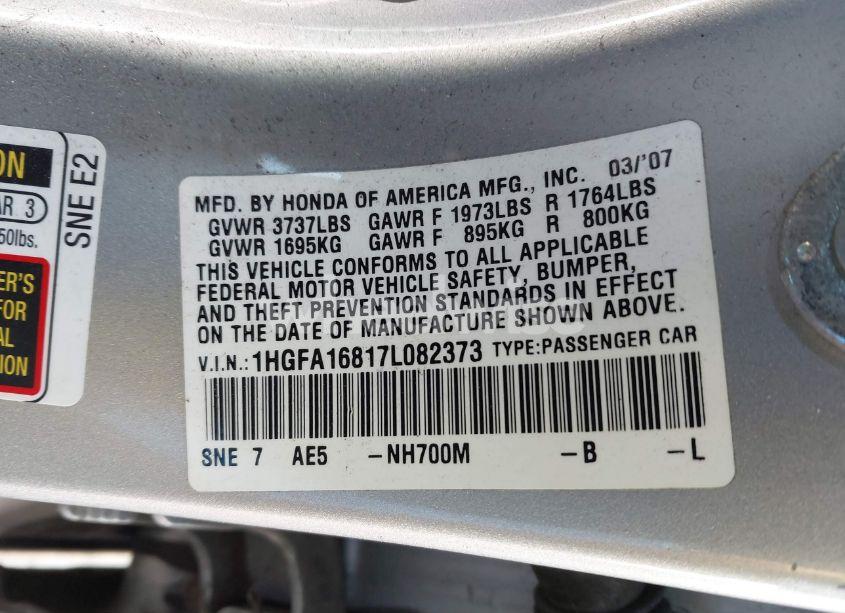 Photo 9 of 2007 Honda Civic EX (VIN 1HGFA16817L082373)