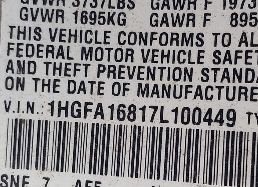 Photo 9 of 2007 Honda Civic EX (VIN 1HGFA16817L100449)