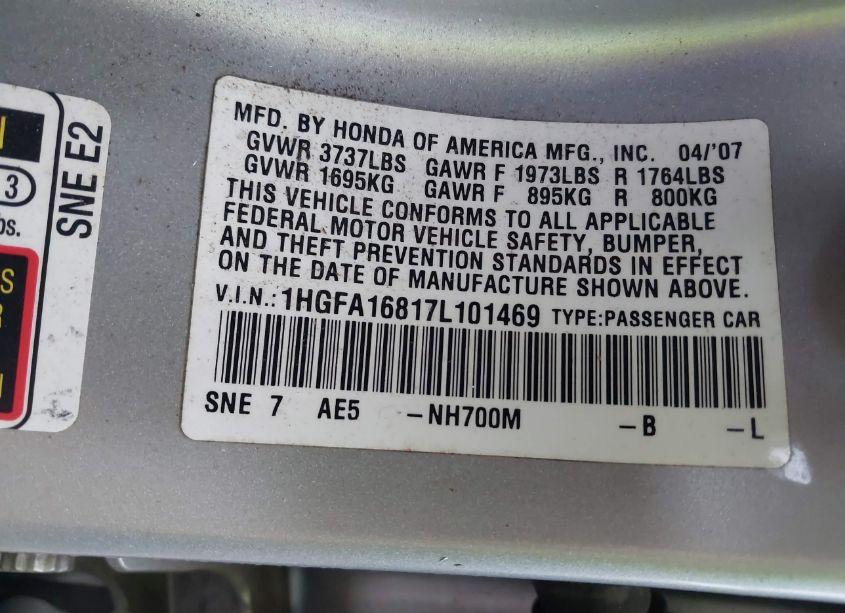 Photo 9 of 2007 Honda Civic EX (VIN 1HGFA16817L101469)