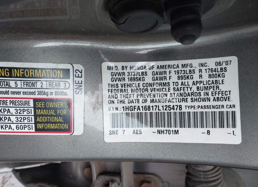 Photo 9 of 2007 Honda Civic EX (VIN 1HGFA16817L125478)