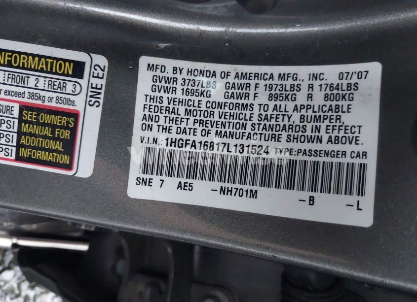 Photo 9 of 2007 Honda Civic EX (VIN 1HGFA16817L131524)