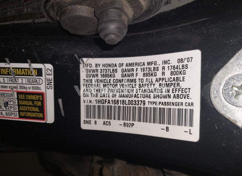 Photo 8 of 2008 Honda Civic EX (VIN 1HGFA16818L003379)